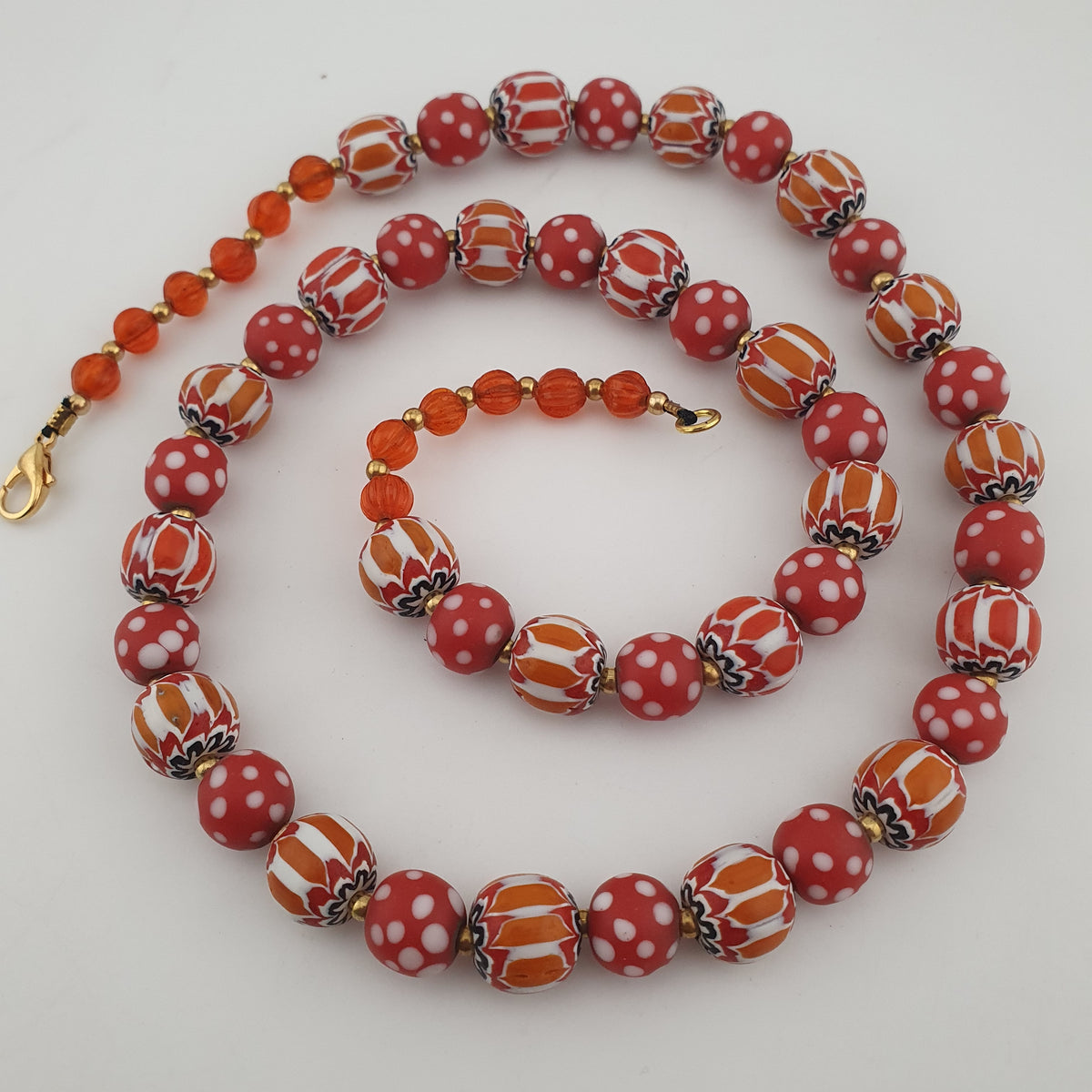 Vintage Venetian Style Red Dotted & Orange Chevron Glass Beads Necklace