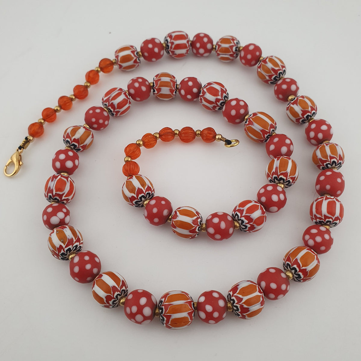 Vintage Venetian Style Red Dotted & Orange Chevron Glass Beads Necklace