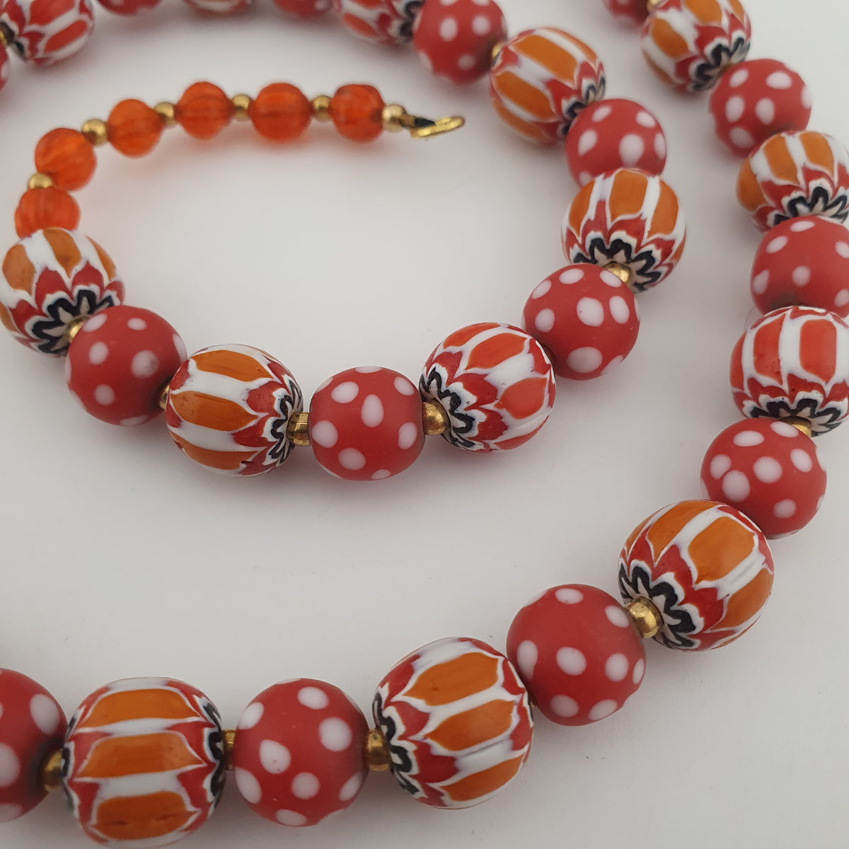 Vintage Venetian Style Red Dotted & Orange Chevron Glass Beads Necklace