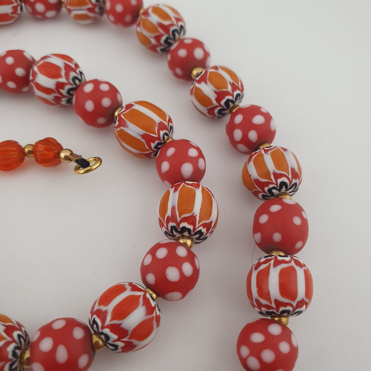 Vintage Venetian Style Red Dotted & Orange Chevron Glass Beads Necklace
