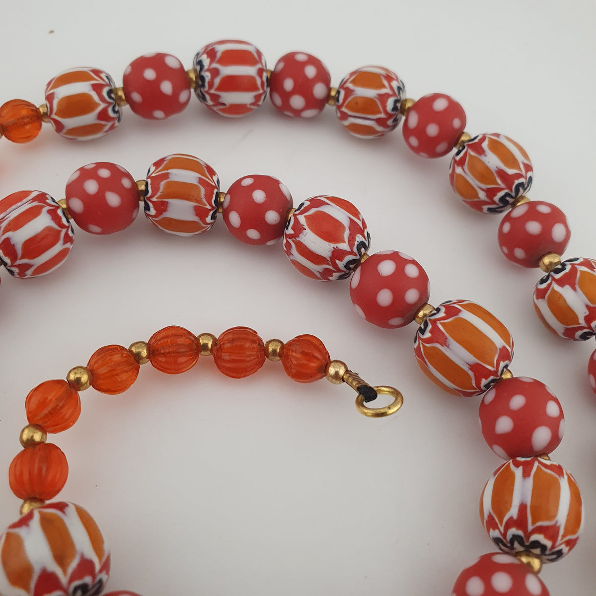 Vintage Venetian Style Red Dotted & Orange Chevron Glass Beads Necklace