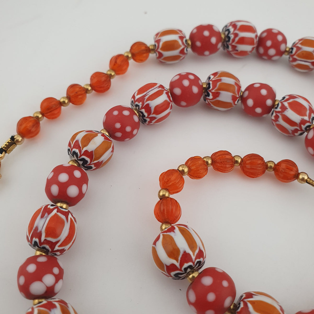 Vintage Venetian Style Red Dotted & Orange Chevron Glass Beads Necklace