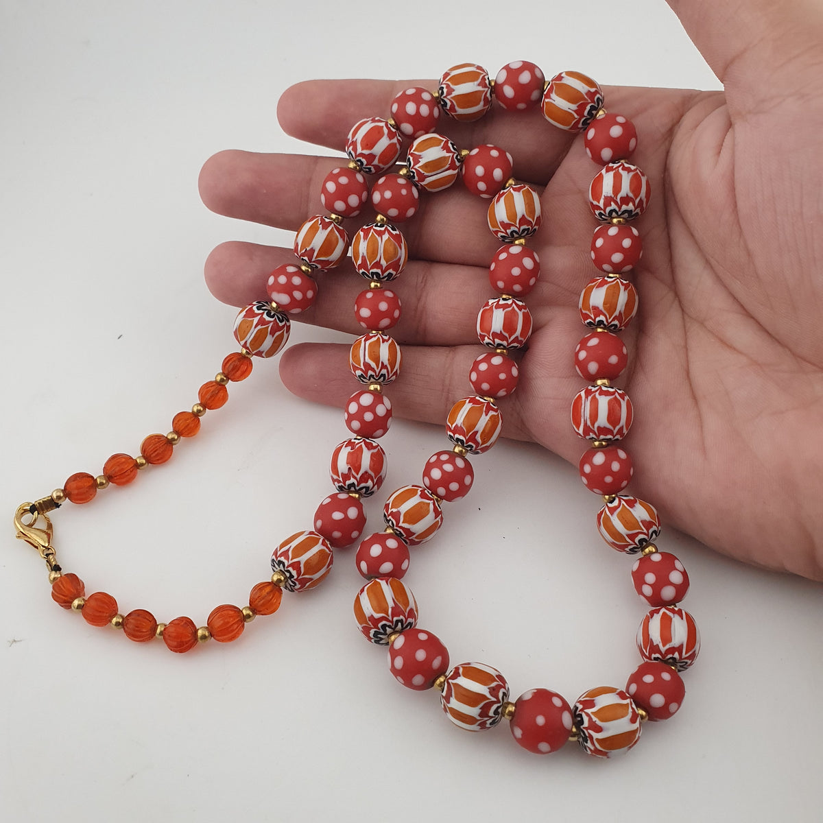 Vintage Venetian Style Red Dotted & Orange Chevron Glass Beads Necklace