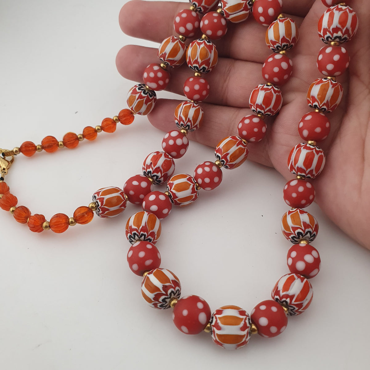 Vintage Venetian Style Red Dotted & Orange Chevron Glass Beads Necklace