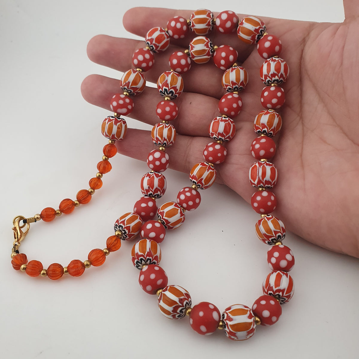 Vintage Venetian Style Red Dotted & Orange Chevron Glass Beads Necklace