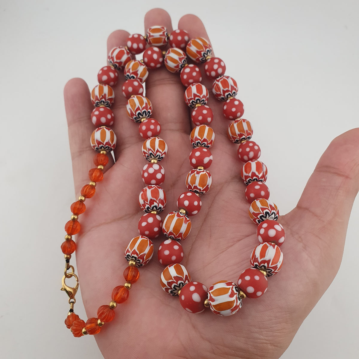 Vintage Venetian Style Red Dotted & Orange Chevron Glass Beads Necklace