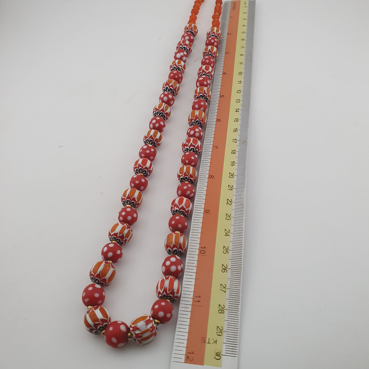 Vintage Venetian Style Red Dotted & Orange Chevron Glass Beads Necklace
