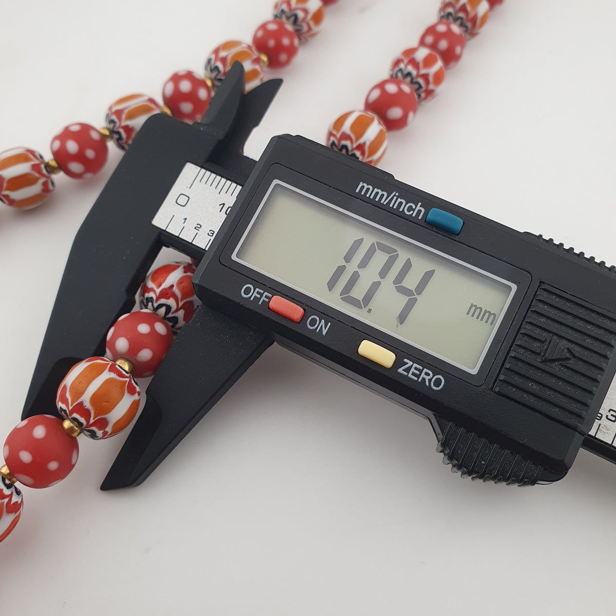 Vintage Venetian Style Red Dotted & Orange Chevron Glass Beads Necklace