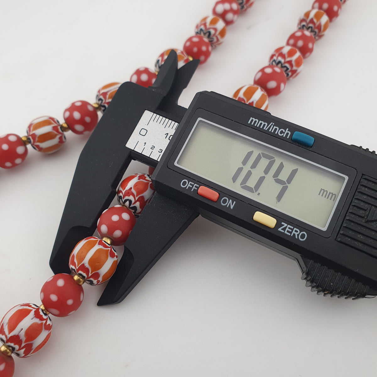 Vintage Venetian Style Red Dotted & Orange Chevron Glass Beads Necklace