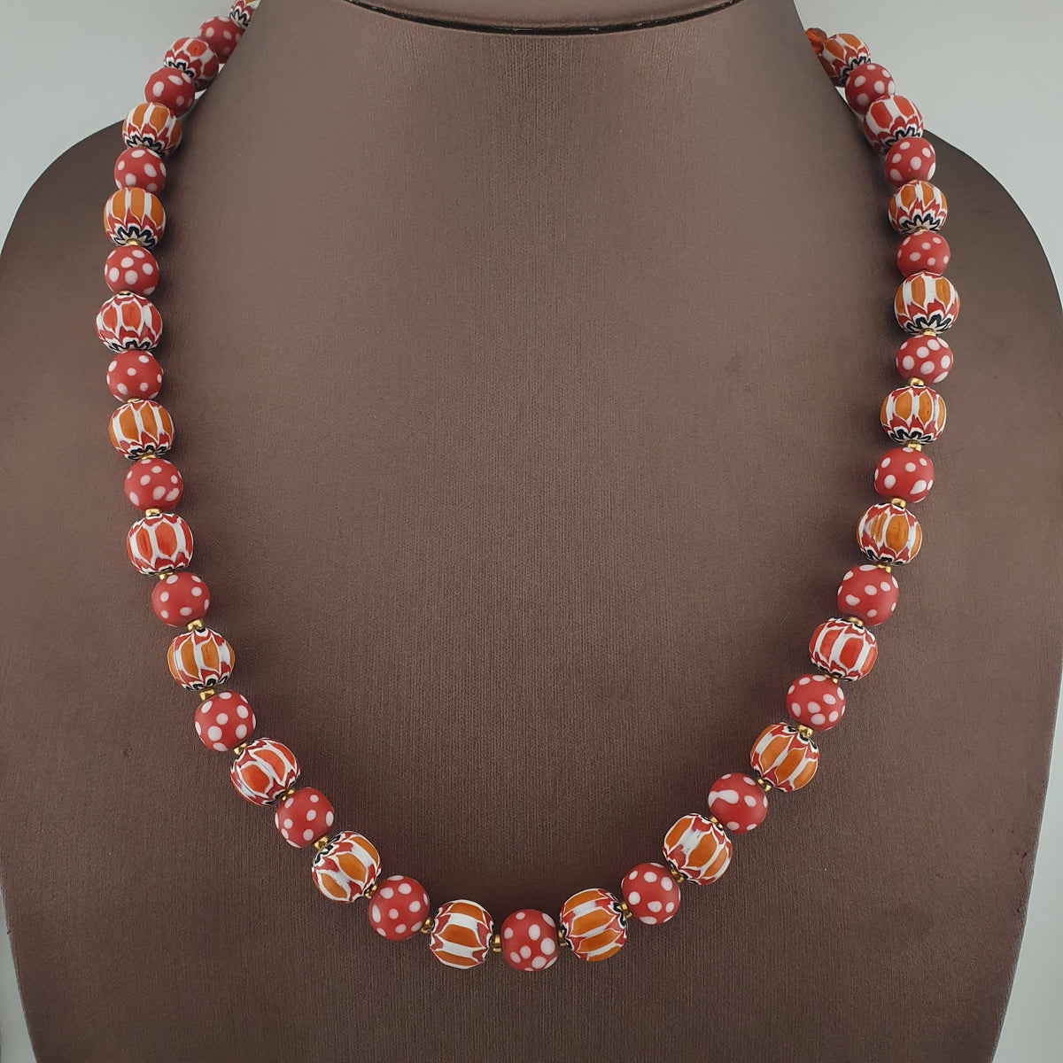Vintage Venetian Style Red Dotted & Orange Chevron Glass Beads Necklace