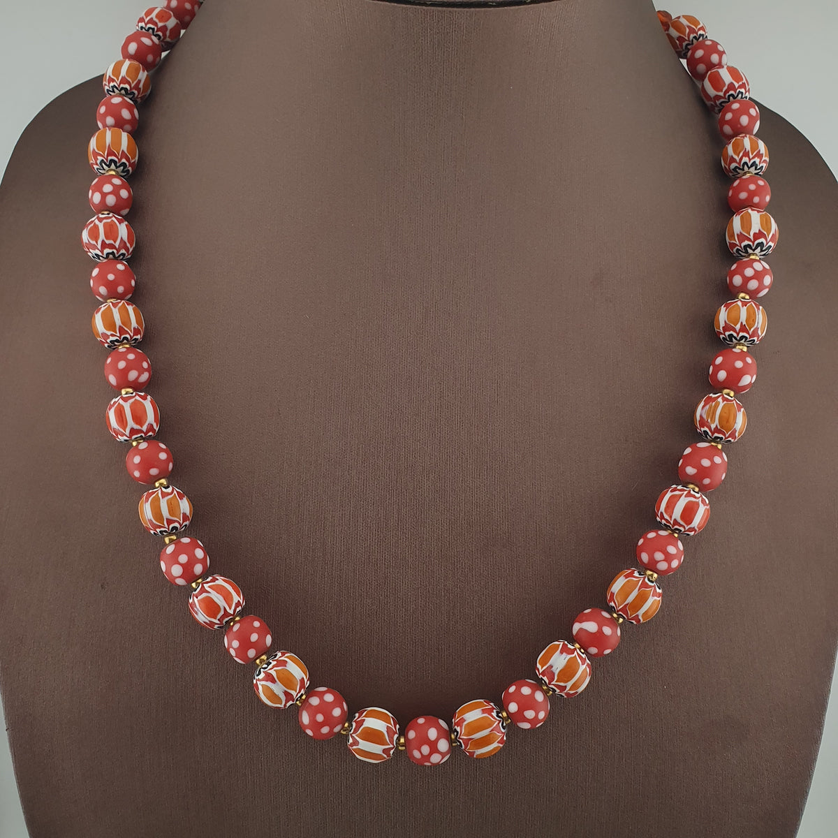 Vintage Venetian Style Red Dotted & Orange Chevron Glass Beads Necklace