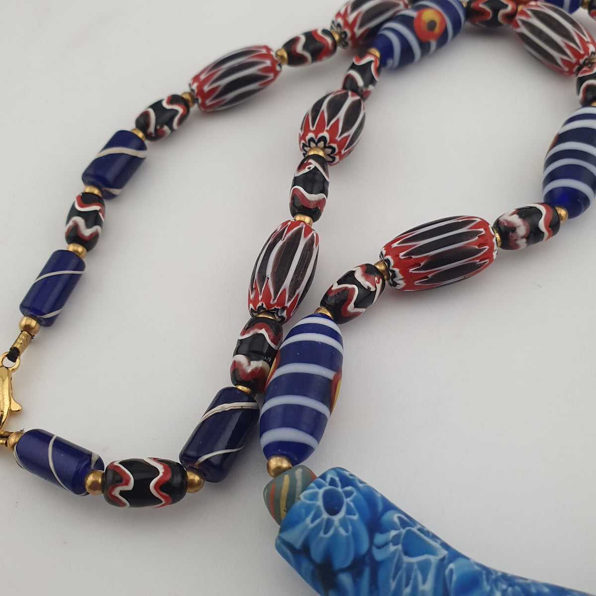 Vintage Venetian Style Mix Chevron & Eyes Glass With Old Face Glass Pendant Necklace