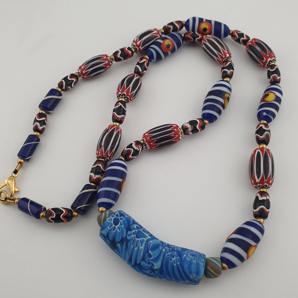 Vintage Venetian Style Mix Chevron & Eyes Glass With Old Face Glass Pendant Necklace