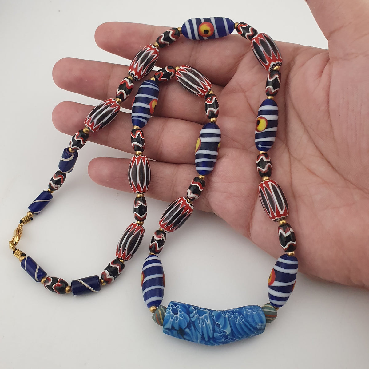 Vintage Venetian Style Mix Chevron & Eyes Glass With Old Face Glass Pendant Necklace
