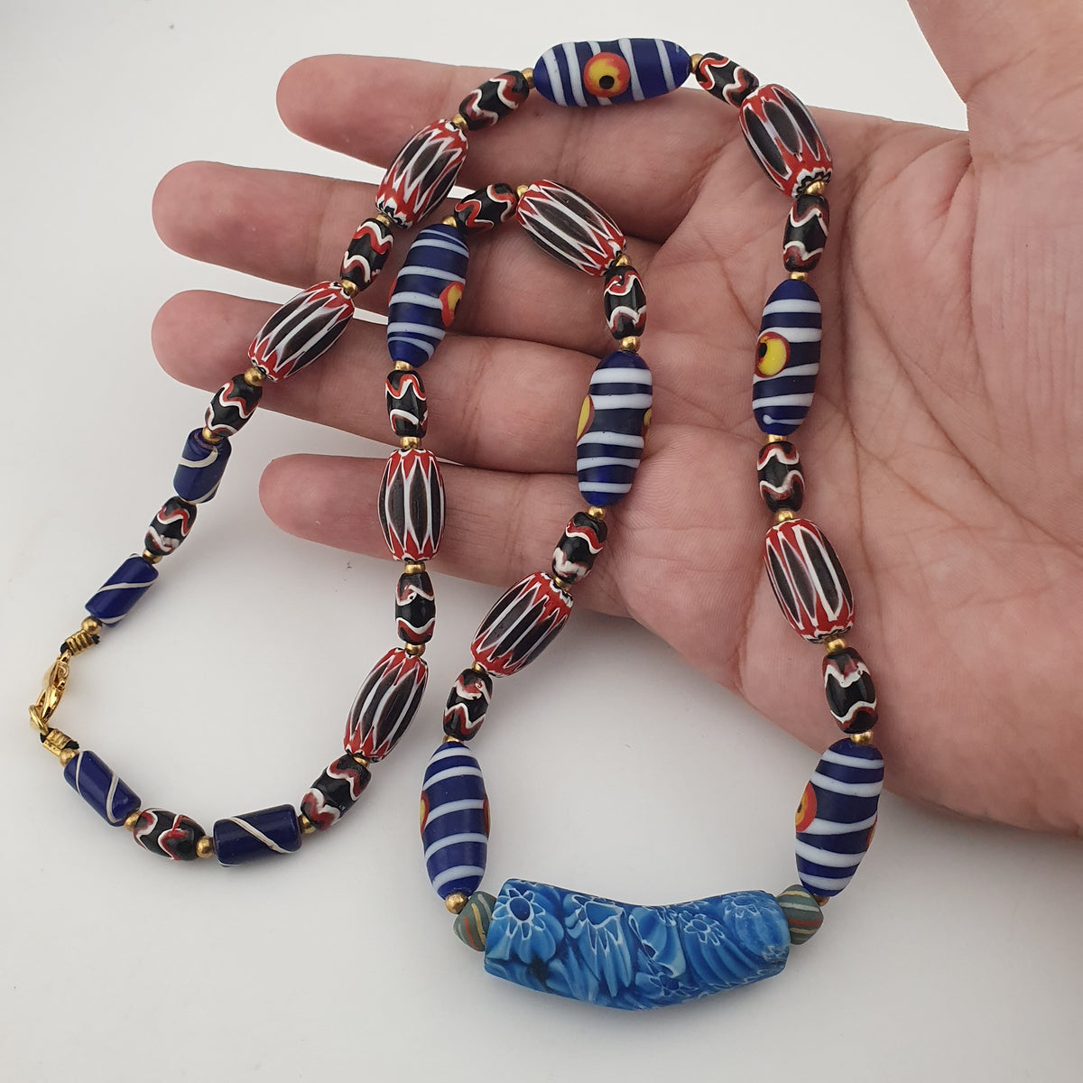 Vintage Venetian Style Mix Chevron & Eyes Glass With Old Face Glass Pendant Necklace