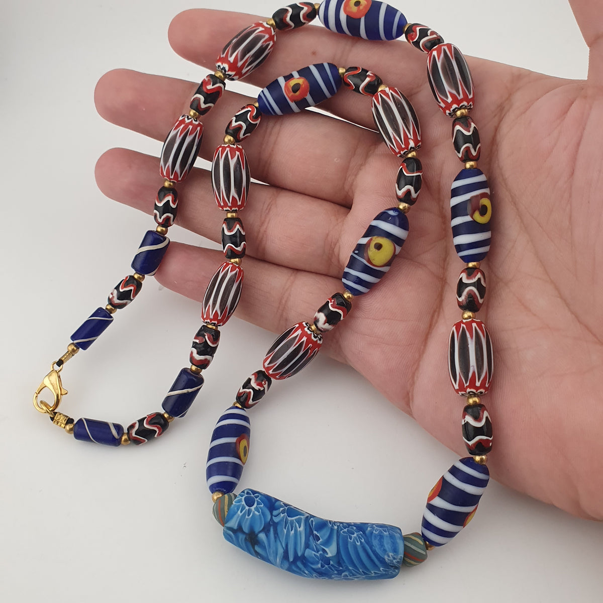 Vintage Venetian Style Mix Chevron & Eyes Glass With Old Face Glass Pendant Necklace