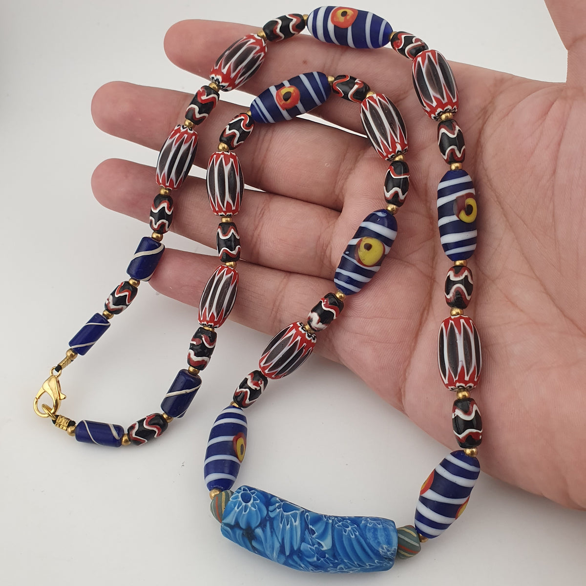 Vintage Venetian Style Mix Chevron & Eyes Glass With Old Face Glass Pendant Necklace