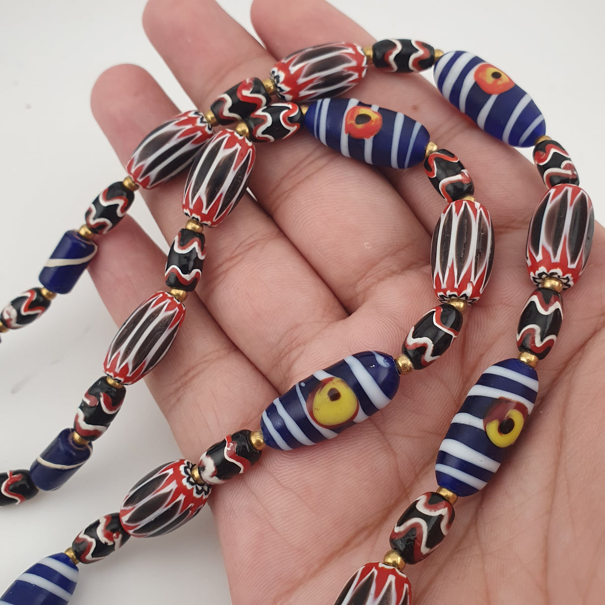Vintage Venetian Style Mix Chevron & Eyes Glass With Old Face Glass Pendant Necklace