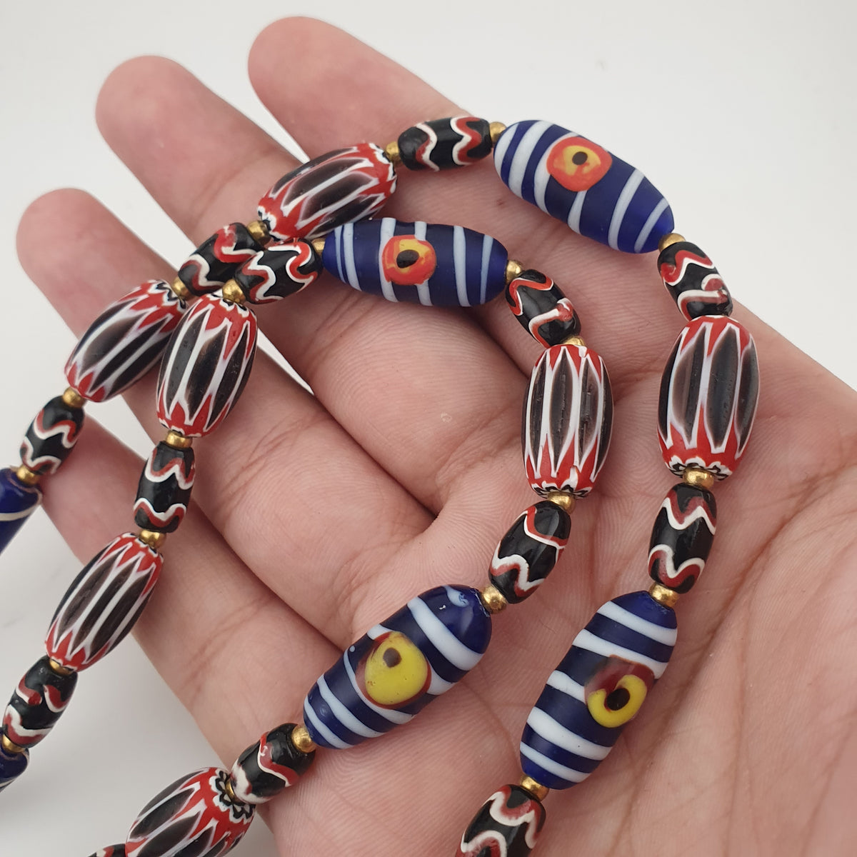 Vintage Venetian Style Mix Chevron & Eyes Glass With Old Face Glass Pendant Necklace