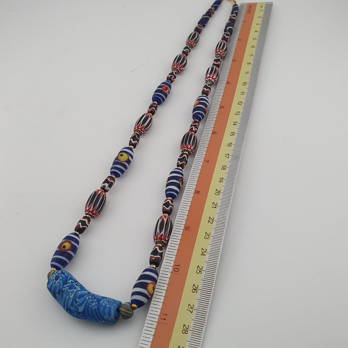 Vintage Venetian Style Mix Chevron & Eyes Glass With Old Face Glass Pendant Necklace