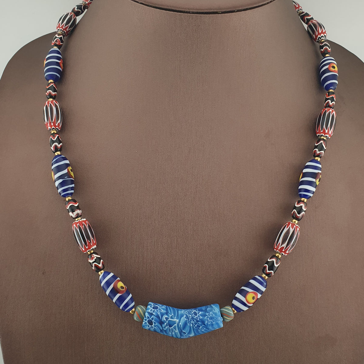 Vintage Venetian Style Mix Chevron & Eyes Glass With Old Face Glass Pendant Necklace