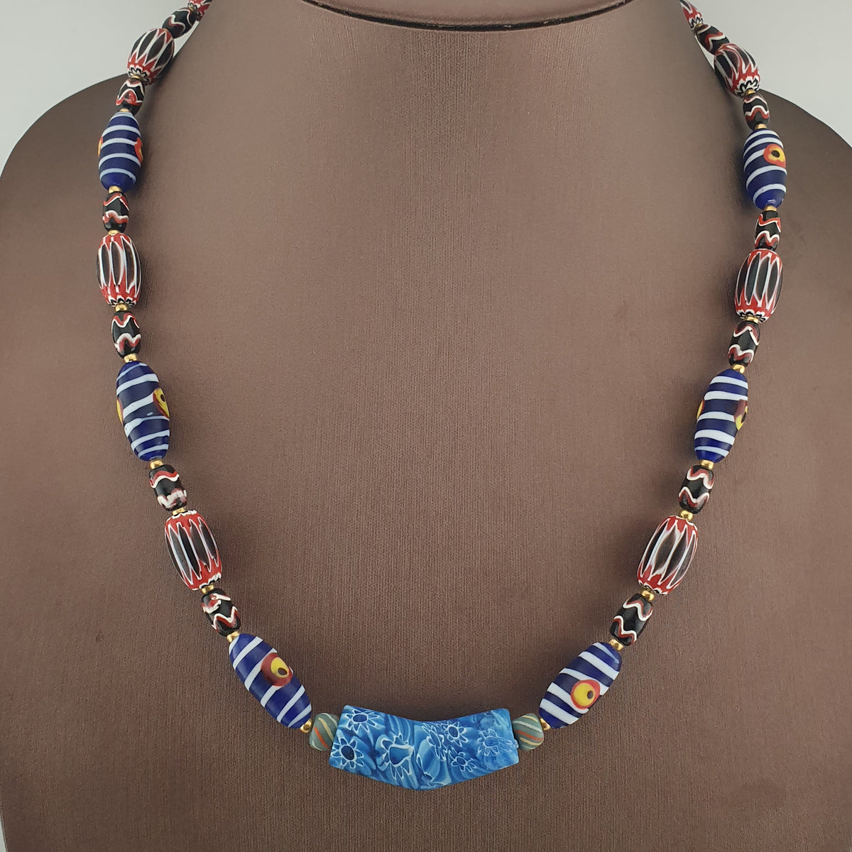 Vintage Venetian Style Mix Chevron & Eyes Glass With Old Face Glass Pendant Necklace