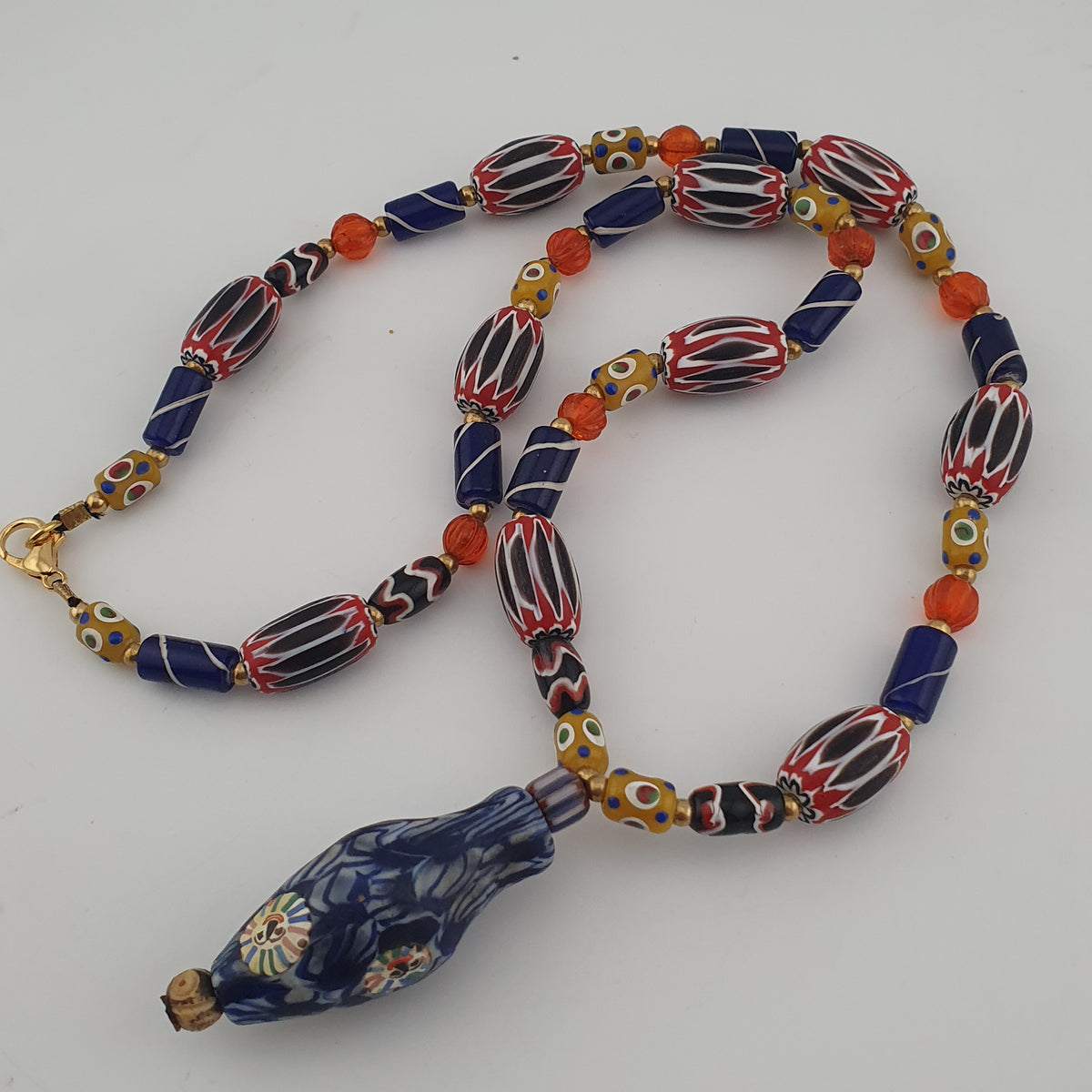 Vintage Venetian Style Mix Chevron & Eyes Glass With Old Face Glass Pendant Necklace