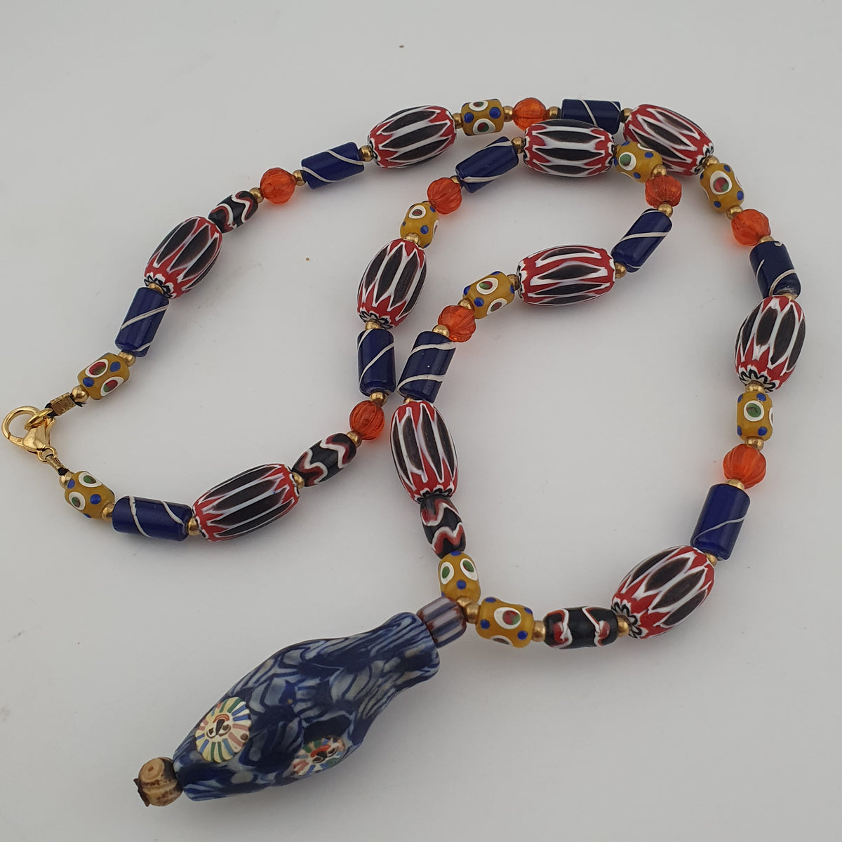 Vintage Venetian Style Mix Chevron & Eyes Glass With Old Face Glass Pendant Necklace