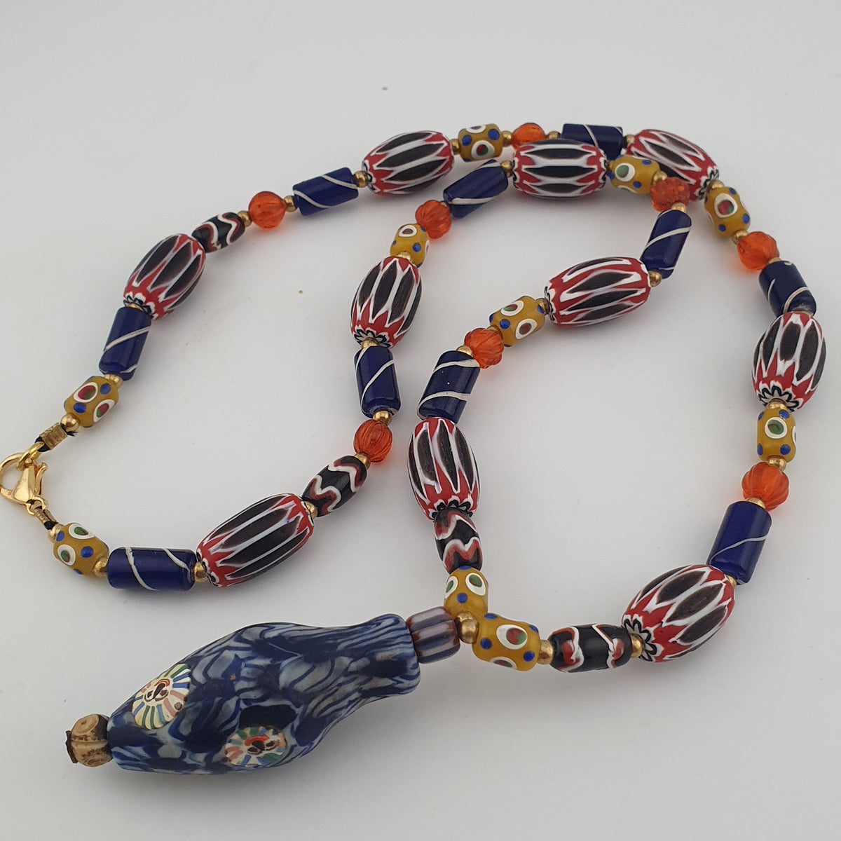 Vintage Venetian Style Mix Chevron & Eyes Glass With Old Face Glass Pendant Necklace