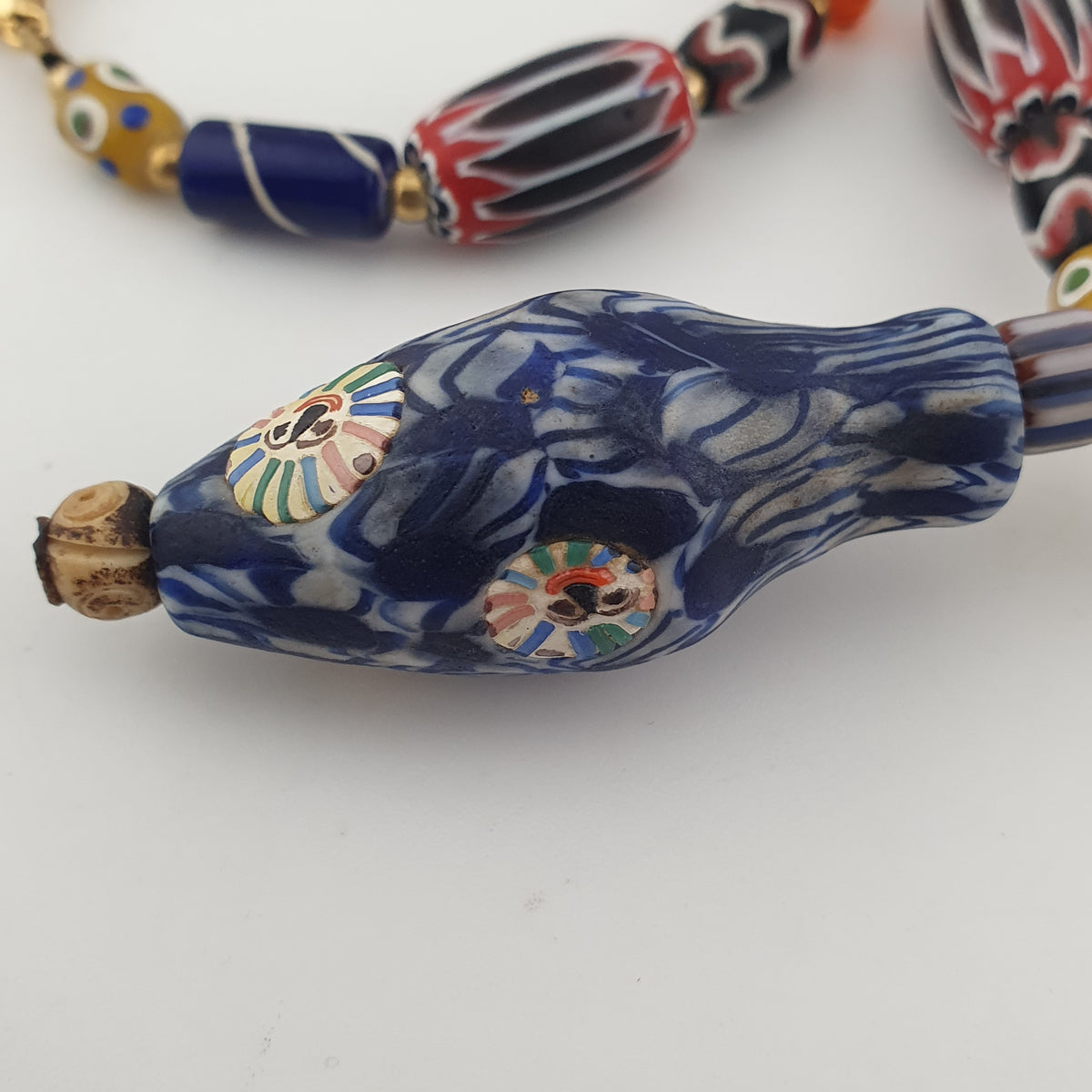 Vintage Venetian Style Mix Chevron & Eyes Glass With Old Face Glass Pendant Necklace