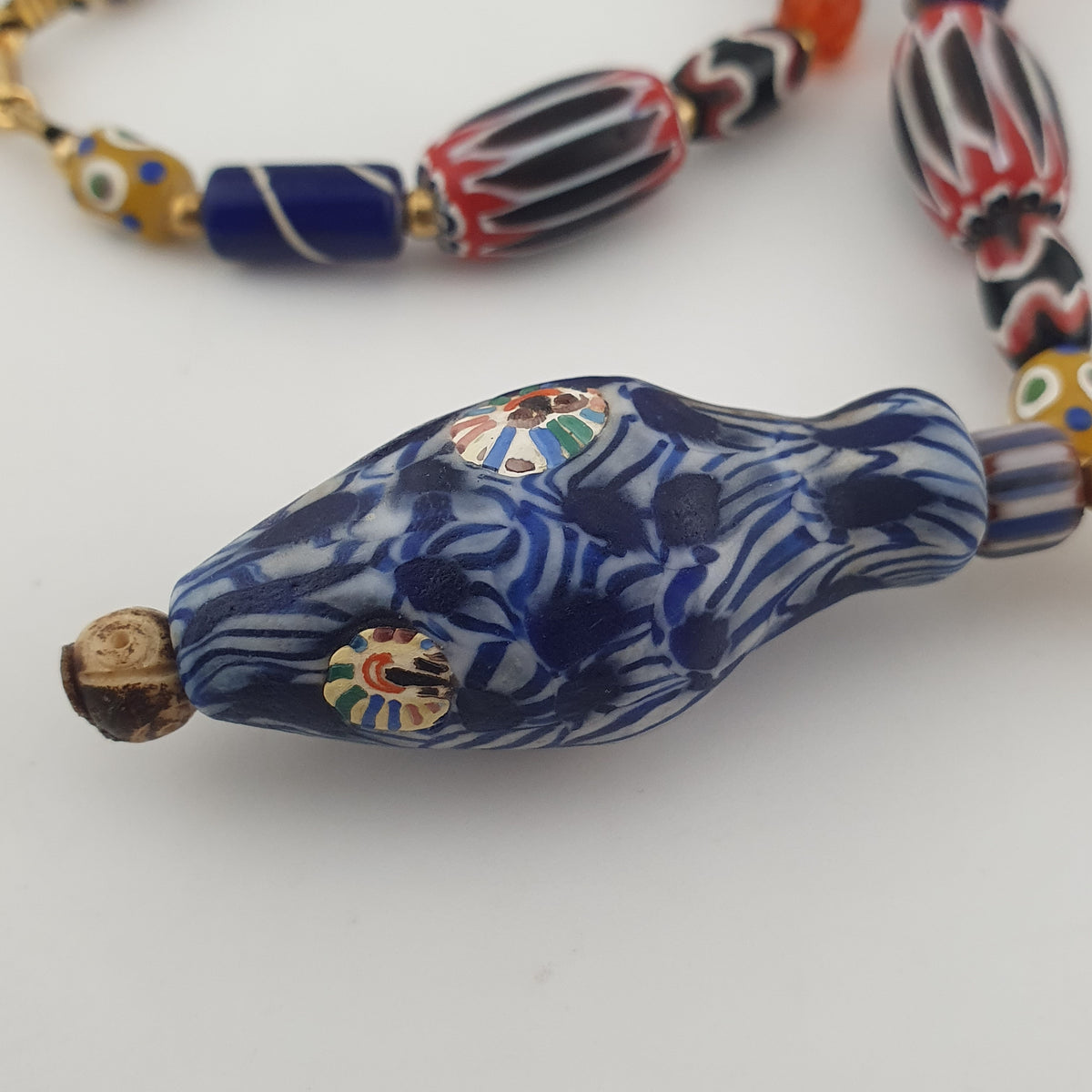 Vintage Venetian Style Mix Chevron & Eyes Glass With Old Face Glass Pendant Necklace