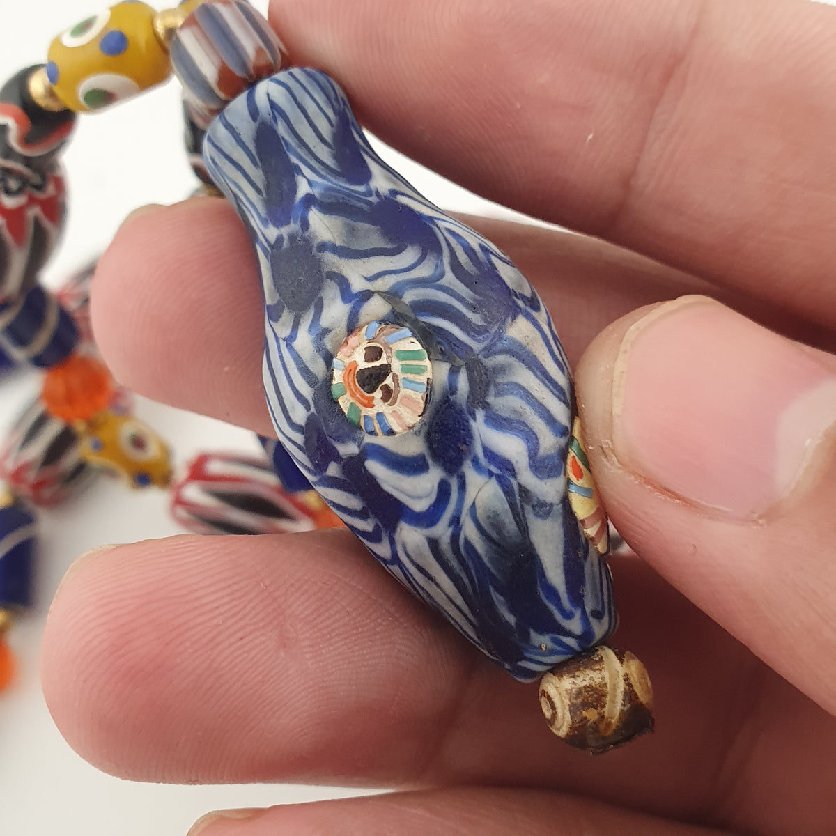 Vintage Venetian Style Mix Chevron & Eyes Glass With Old Face Glass Pendant Necklace