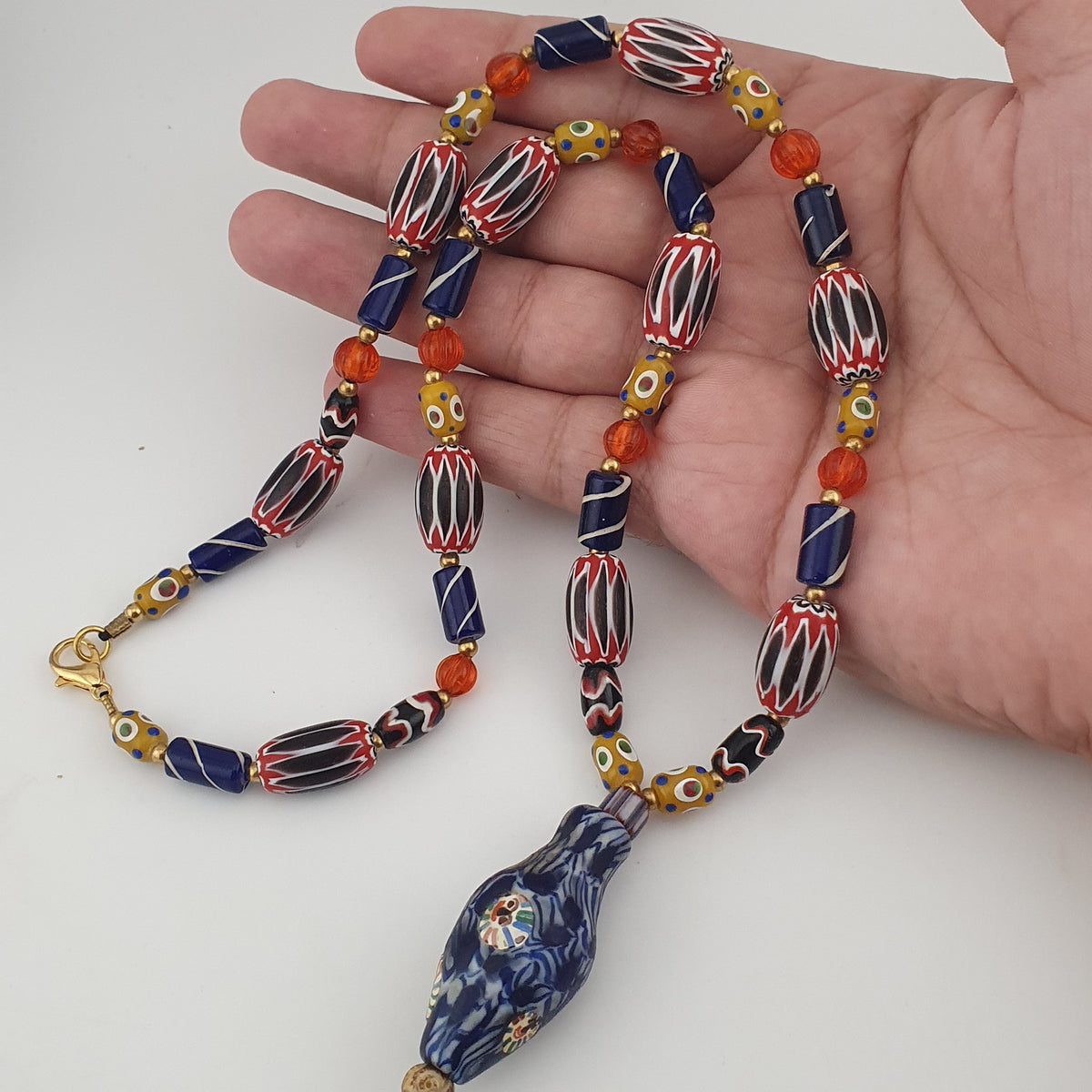 Vintage Venetian Style Mix Chevron & Eyes Glass With Old Face Glass Pendant Necklace