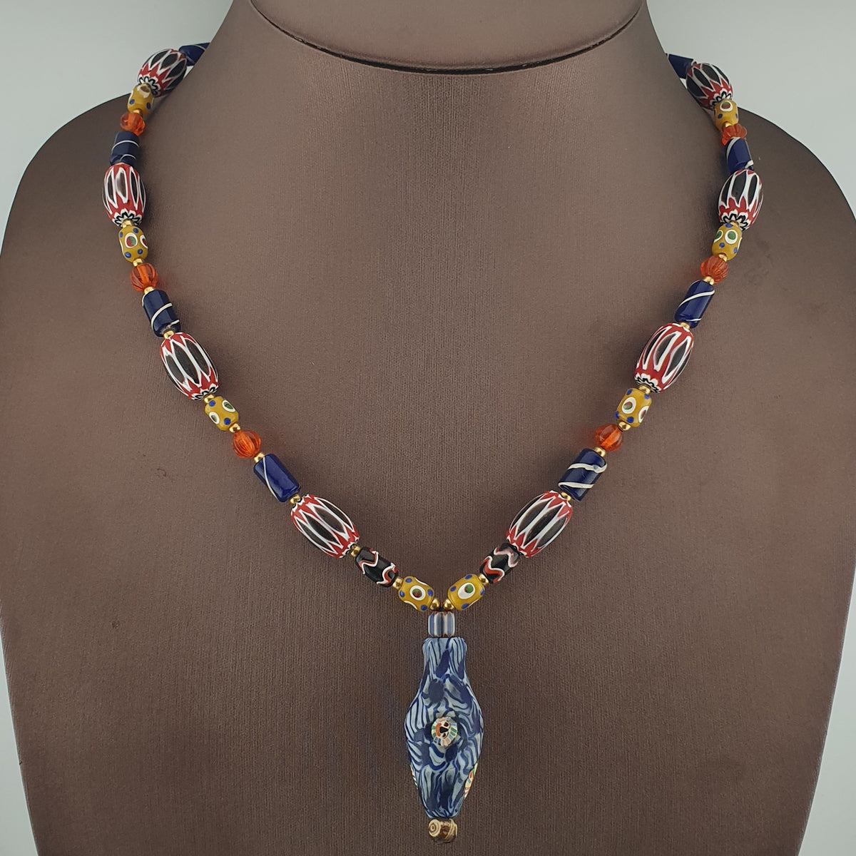Vintage Venetian Style Mix Chevron & Eyes Glass With Old Face Glass Pendant Necklace