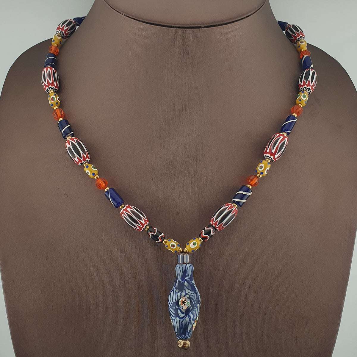 Vintage Venetian Style Mix Chevron & Eyes Glass With Old Face Glass Pendant Necklace
