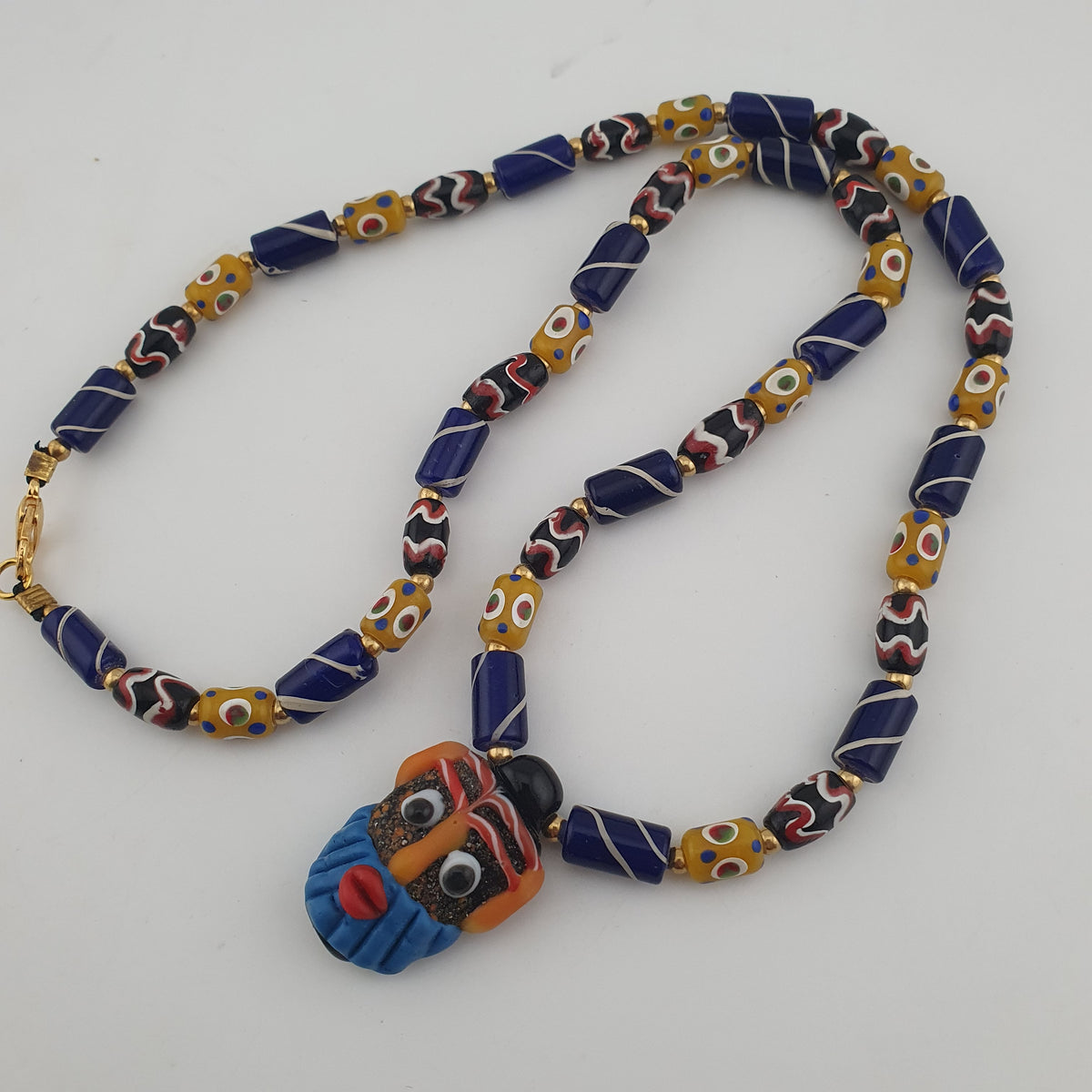 Vintage Tiny Eyes & Trade Glass With Old Face Glass Pendant Necklace