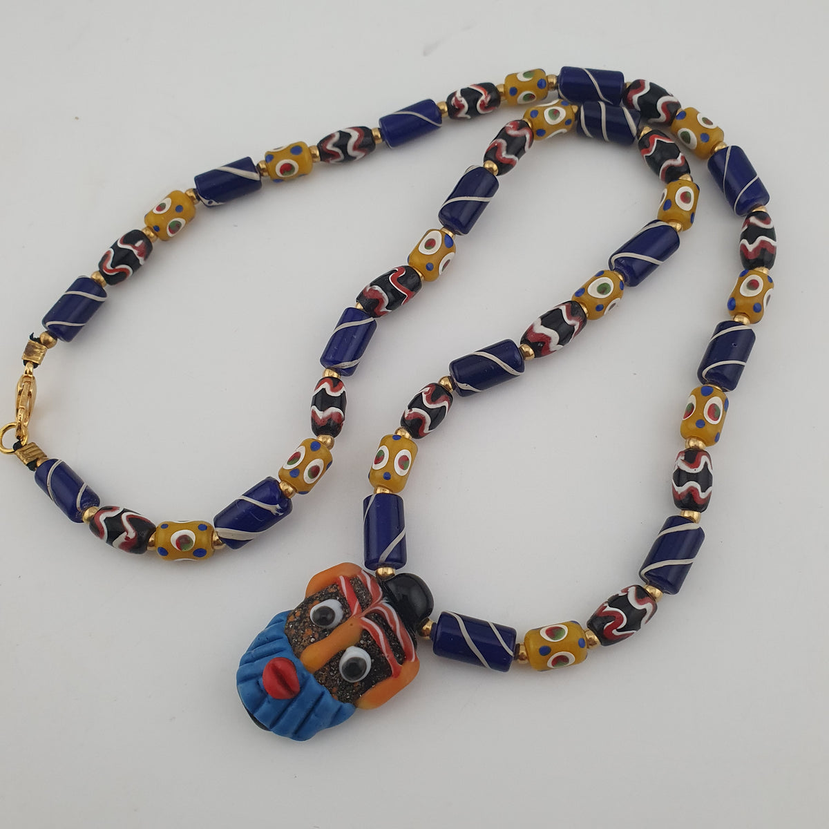 Vintage Tiny Eyes & Trade Glass With Old Face Glass Pendant Necklace