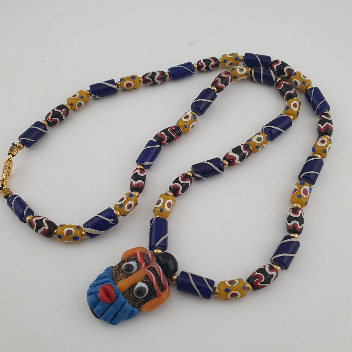 Vintage Tiny Eyes & Trade Glass With Old Face Glass Pendant Necklace
