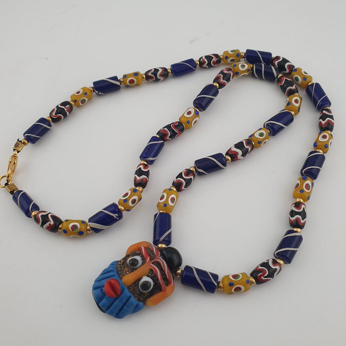 Vintage Tiny Eyes & Trade Glass With Old Face Glass Pendant Necklace