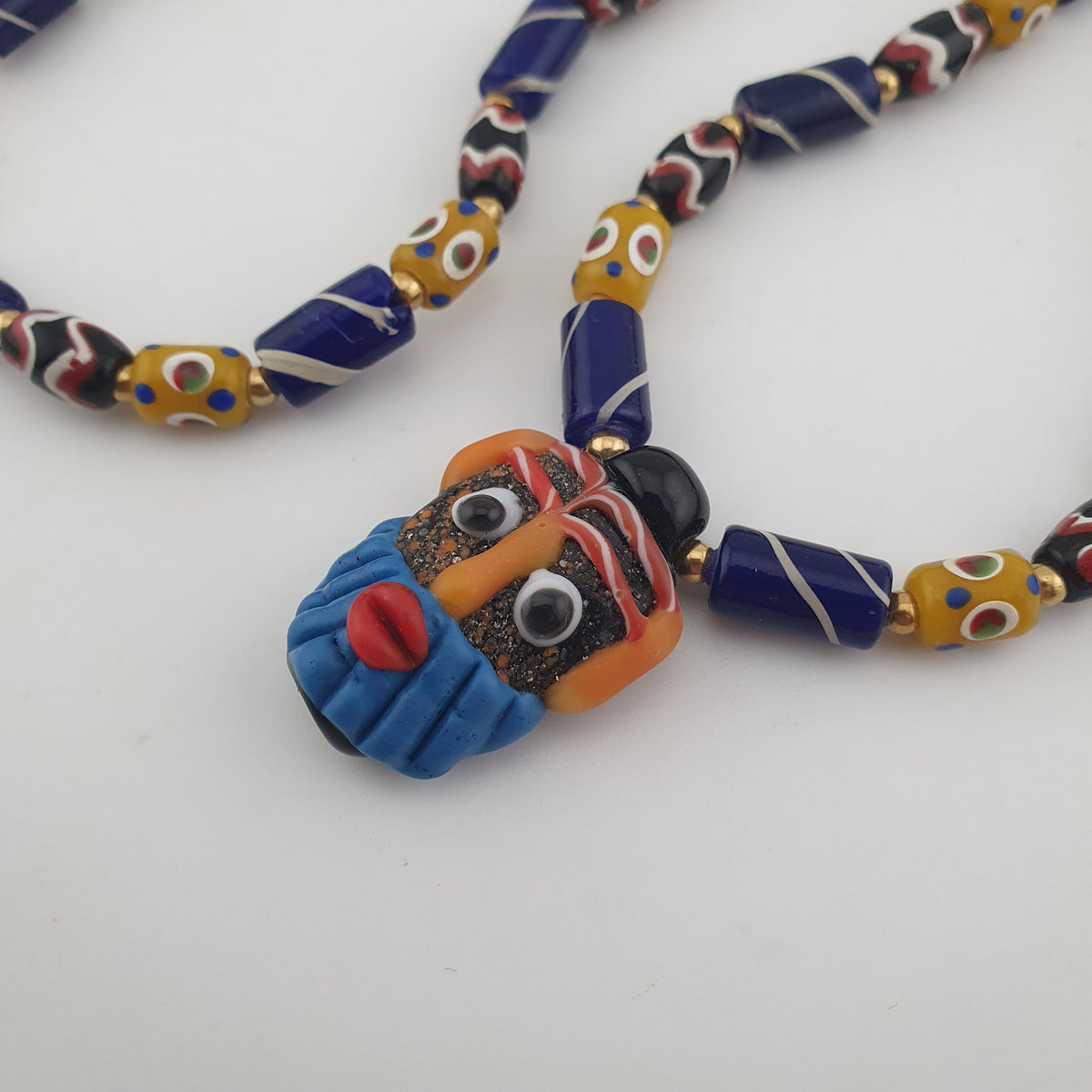 Vintage Tiny Eyes & Trade Glass With Old Face Glass Pendant Necklace