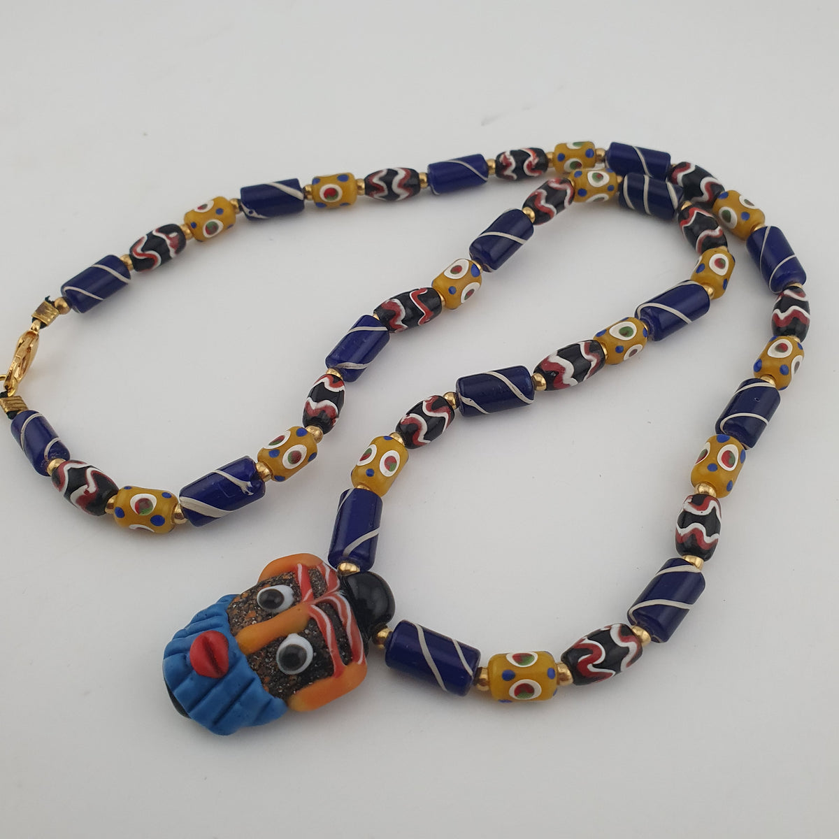 Vintage Tiny Eyes & Trade Glass With Old Face Glass Pendant Necklace