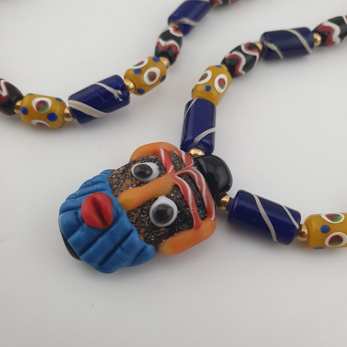 Vintage Tiny Eyes & Trade Glass With Old Face Glass Pendant Necklace
