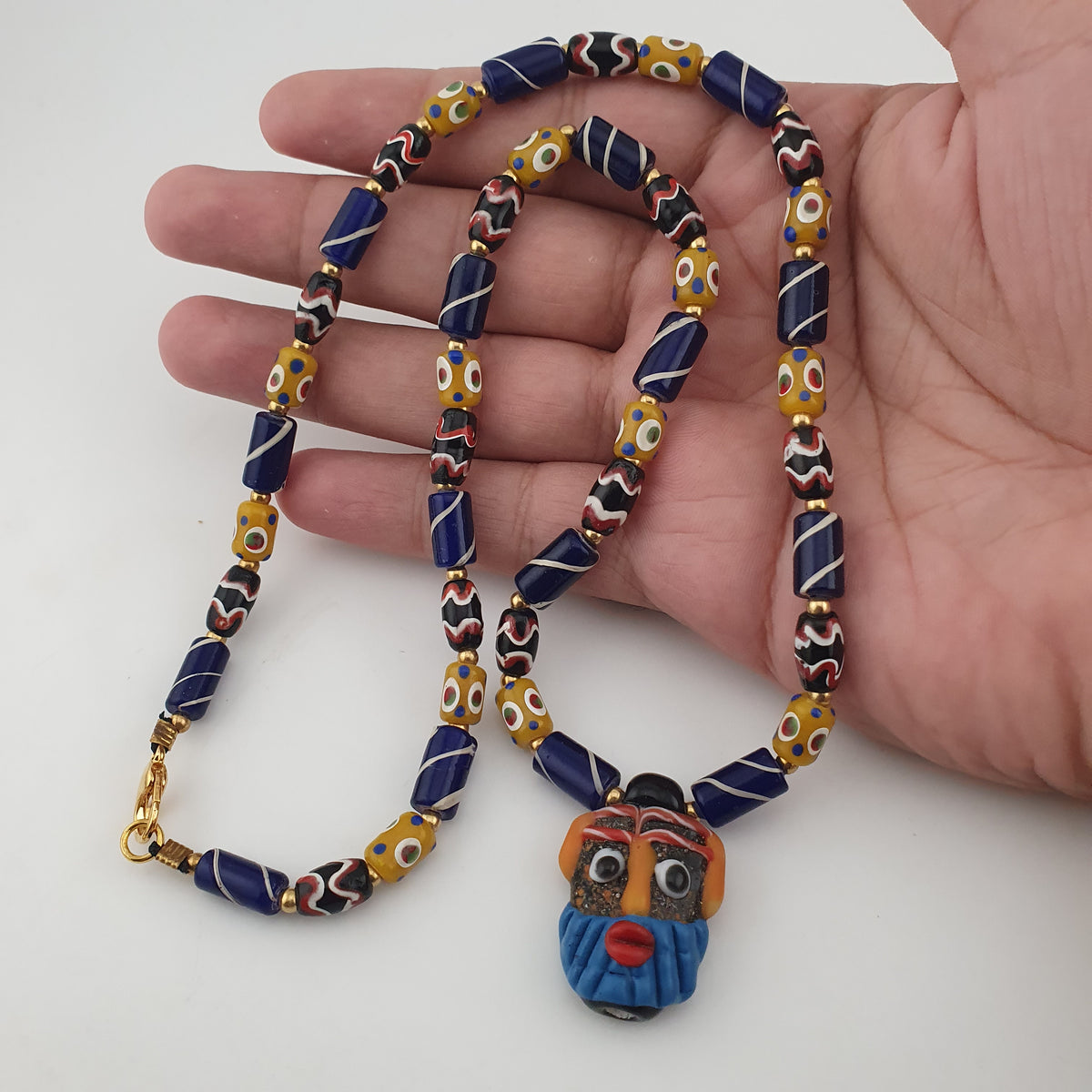Vintage Tiny Eyes & Trade Glass With Old Face Glass Pendant Necklace