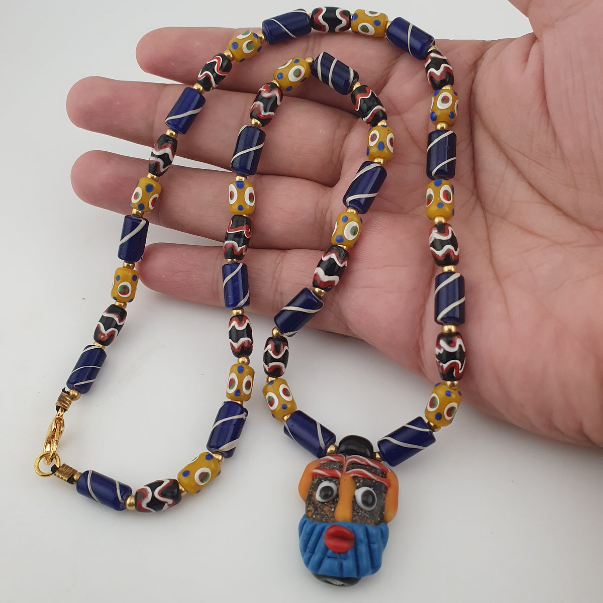 Vintage Tiny Eyes & Trade Glass With Old Face Glass Pendant Necklace
