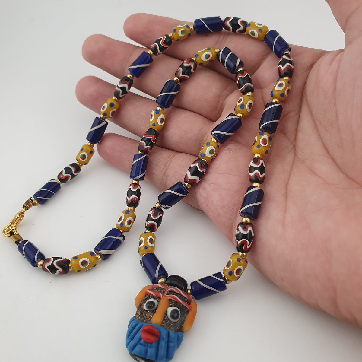 Vintage Tiny Eyes & Trade Glass With Old Face Glass Pendant Necklace