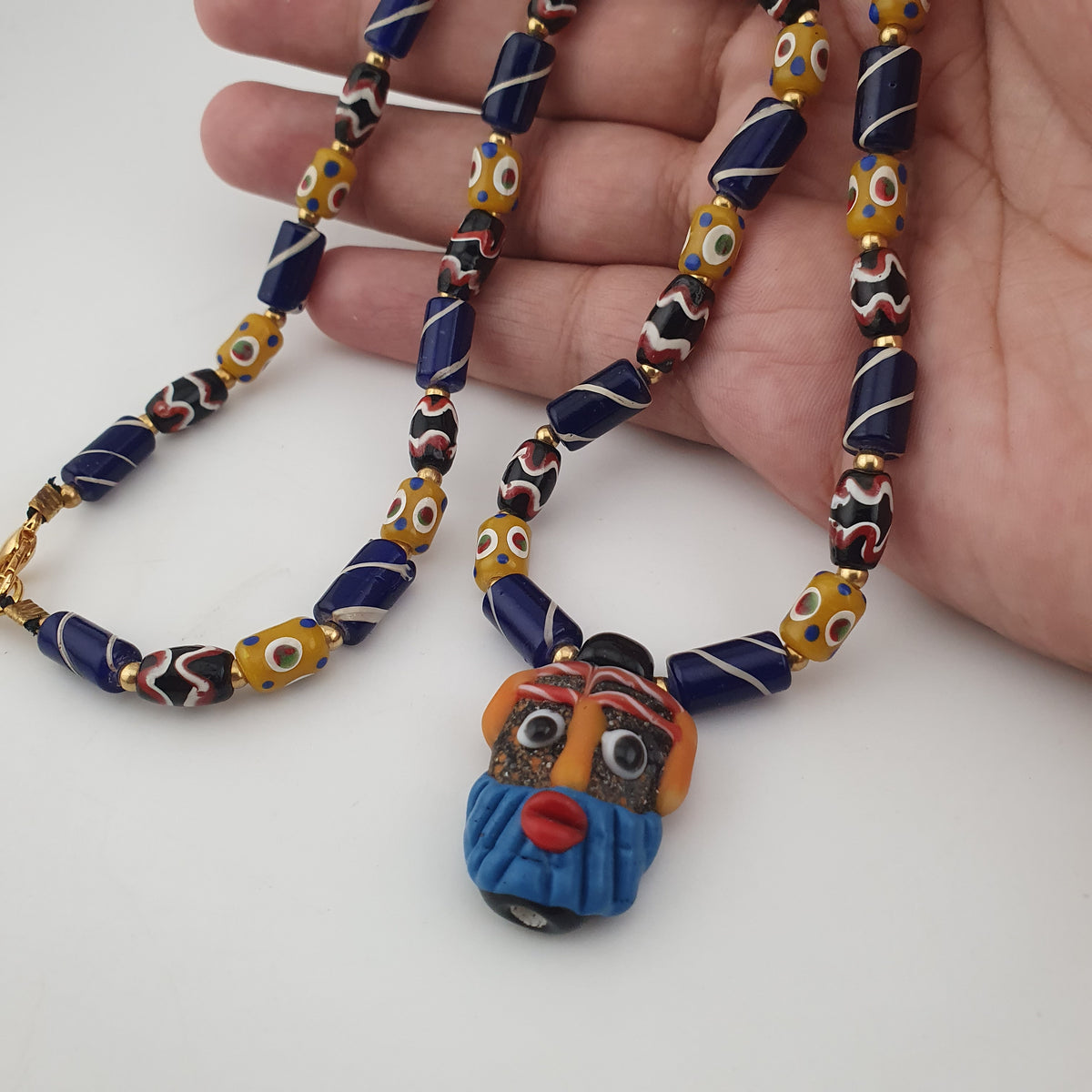 Vintage Tiny Eyes & Trade Glass With Old Face Glass Pendant Necklace