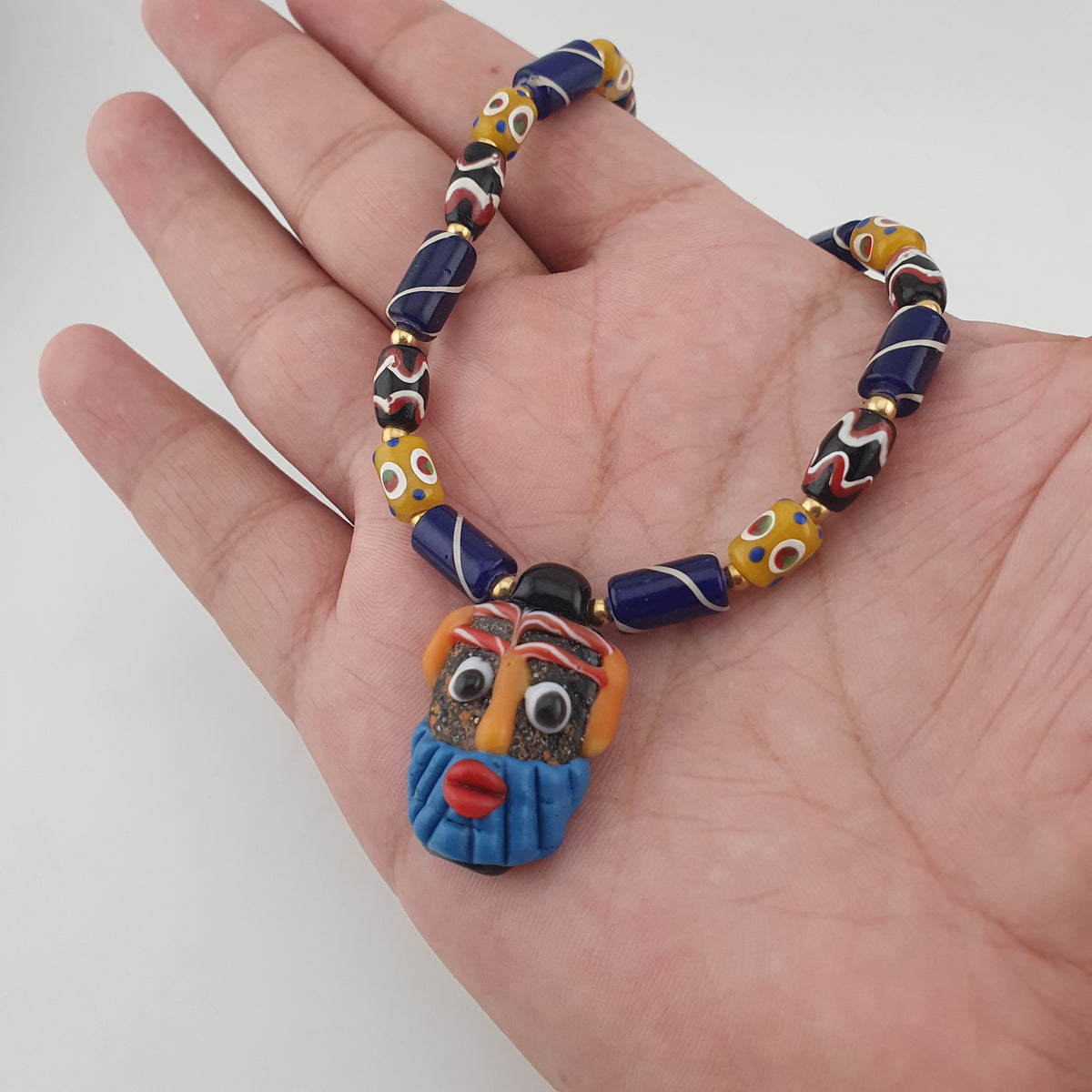 Vintage Tiny Eyes & Trade Glass With Old Face Glass Pendant Necklace