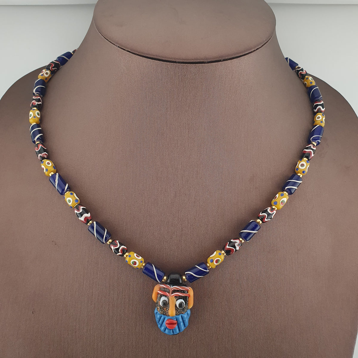 Vintage Tiny Eyes & Trade Glass With Old Face Glass Pendant Necklace