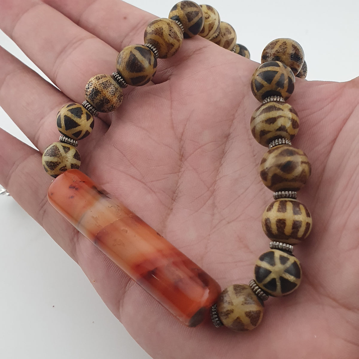 Antique Burmese Pumtek Pyu Beads & Carnelian Agate Big Bead Pendant Necklace
