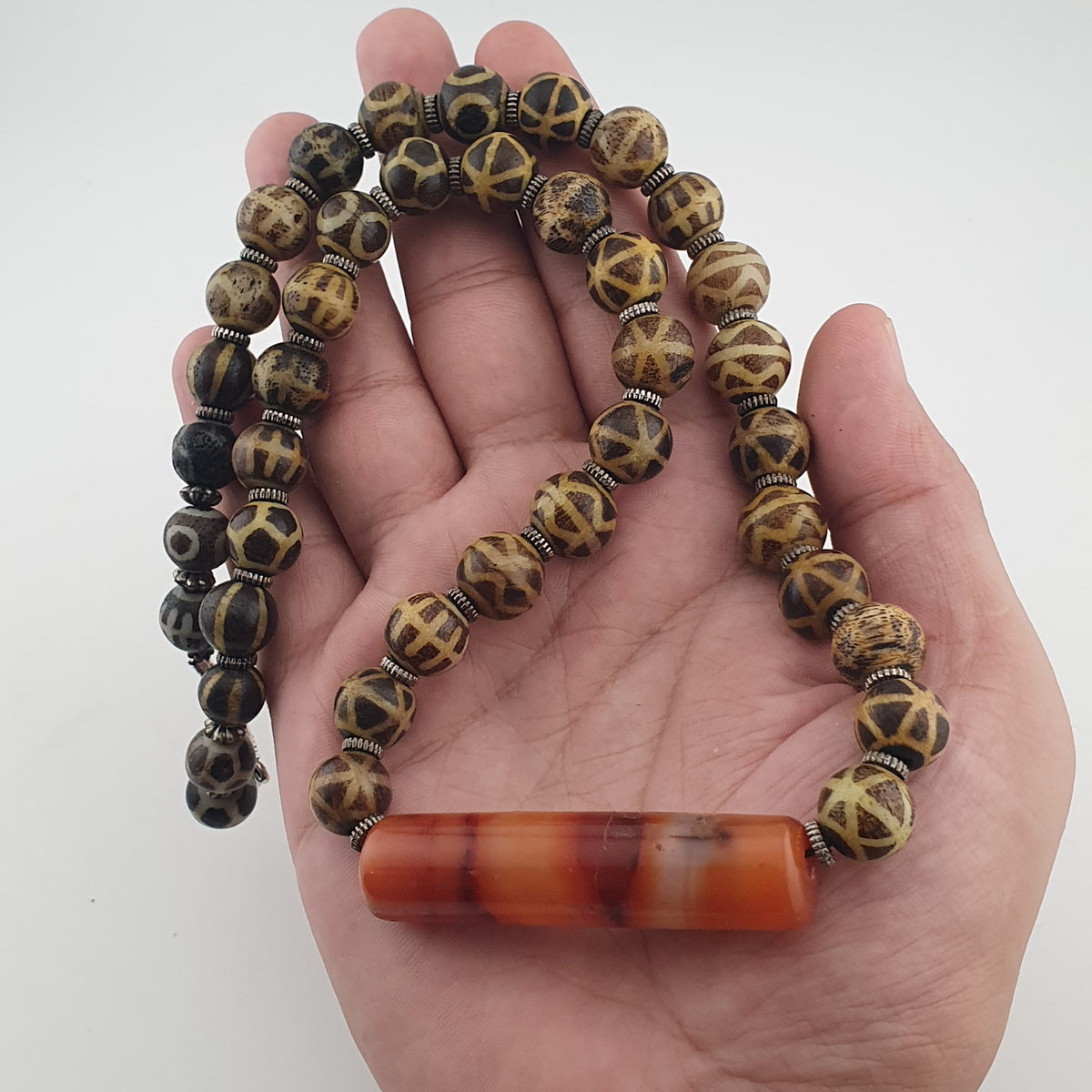 Antique Burmese Pumtek Pyu Beads & Carnelian Agate Big Bead Pendant Necklace